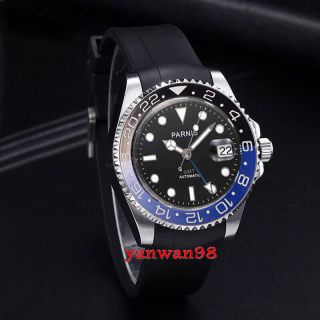 40mm Parnis Black Blue Bezel Sapphire Glass Rubber Strap Blue Gmt Automatc Watch
