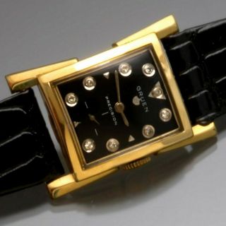 Rare 14k Gold Gruen Watch | Black Dial With Diamond Hour Markers