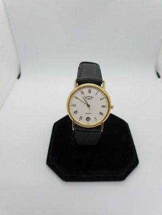 Mens Rotary Quartz Gold Tone Dress Watch,  Date Display.  Black Leather Strap.  M1