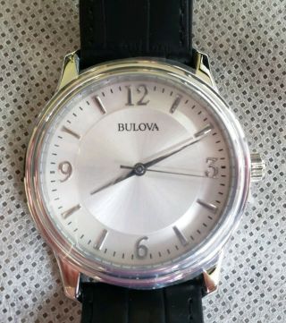 Bulova Men ' s Stainless Steel Dial Black Leather Band NIB w/tags 3