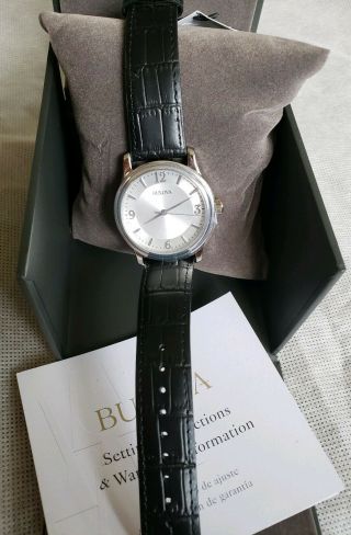 Bulova Men ' s Stainless Steel Dial Black Leather Band NIB w/tags 4