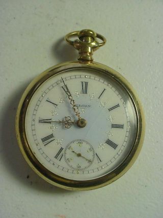 Elgin Gold Pocket Watch With Fancy Dial & Gold Hands Running 4
