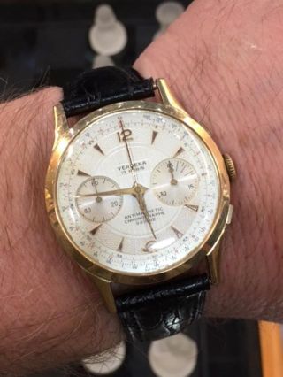 Vintage Verbena Chronograph Wrist Watch 18k Solid Gold 37mm Large