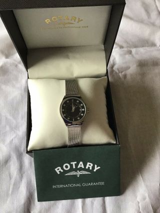 Rotary Ladies Air Silvertone Black Face Watch & Boxed.