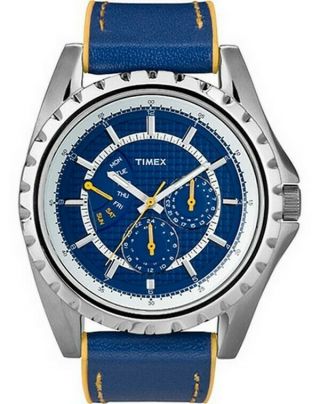 Timex Retrograde Blue Yellow Leather Watch - T2n111