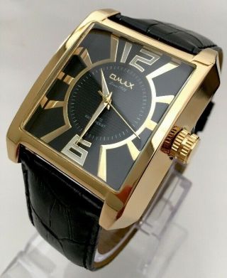 Mens Classic Wrist Watch Black Leather Strap Gold Luxury Swiss Designer Omax