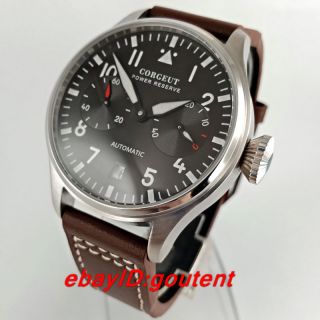 42mm Corgeut Black Dial Leather Bands Power Reserve Date Automatic Mens Watches