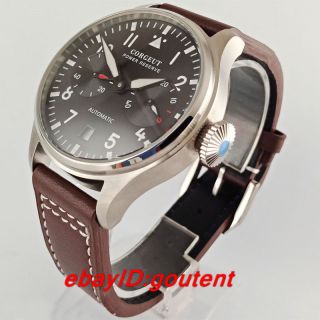 42mm Corgeut Black Dial Leather Bands Power Reserve Date Automatic Mens Watches 2