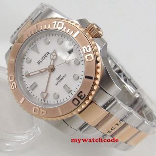 40mm bliger sterile white dial rose gold Sapphire Glass GMT Automatic mens Watch 5