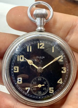 Vintage 9 Jewel Ww2 Era Elgin Military Pocket Watch