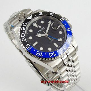 40mm PARNIS black dial ceramic jubilee Sapphire glass GMT automatic mens watch 4