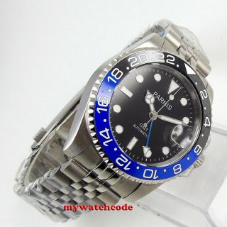 40mm PARNIS black dial ceramic jubilee Sapphire glass GMT automatic mens watch 6