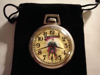 Vintage 16s Pocket Watch Superman Theme Dial Runs Well.