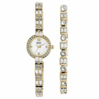 Badgley Mischka Ba/1372gbst Womens Gold Swarovski Crystal Bracelet Watch Set Nwt