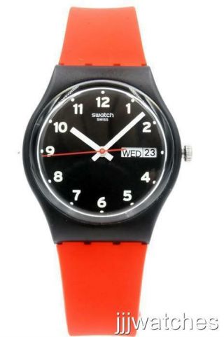 Swiss Swatch Originals Red Grin Silicone Day Date Watch 34mm Gb754 $65
