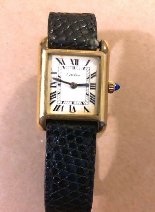 Cartier Tank Louis Ladies Vintage Hand Winding Watch 18k Yellow Gold Black Band