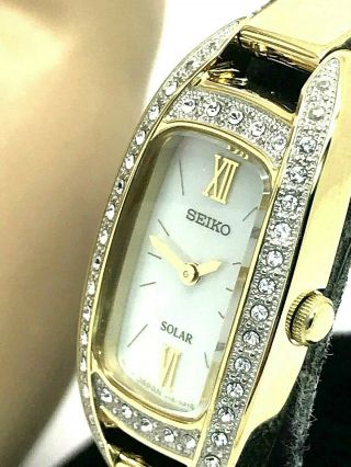 Seiko Solar Ladies Swarovski Crystals Mop Gold Tone Stainless Steel Watch Sup390