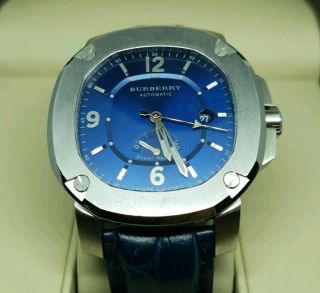 Burberry Britain Bby1001 Rare Blue Watch Power Reserve Alligator Strap Boxed