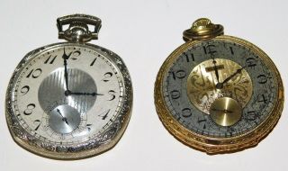 2 Vintage Elgin Pocket Watches Silver - Tone Square Case  & Gold - Tone
