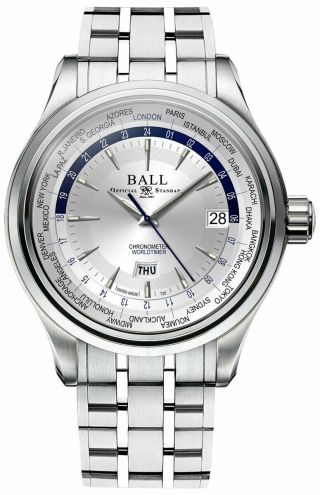 Ball Trainmaster Worldtime Automatic Steel Mens Watch Silver Dial Gm2020d - Scj - Wh