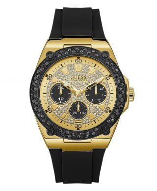 Nib Mens Guess Black Gold - Tone Crystal Black Silicone Strap Watch 45mm U1257g1