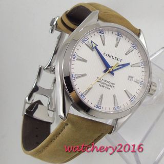 41mm Corgeut White Dial Sapphire Glass Date Miyota Automatic Movement Mens Watch