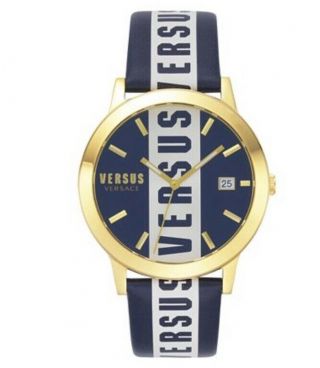 Versus - By Versace,  Mens Blue Logo Leather Strap Wach 44 Mm