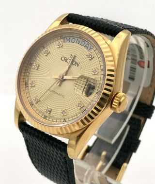 Croton Automatic 18K Yellow Gold Men ' s Day - Date Watch w/Diamonds - ETA - 5