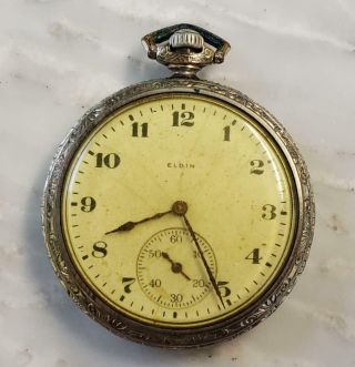 Vintage Elgin Pocket Watch W/ White Gold Filled Open Face Case 17 - Jewels 1 - I6033