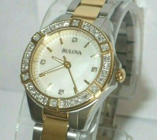 Bulova 98r236 Ladies Diamond Accented Two Tone Mother Of Pearl Dial Watch