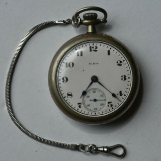 1926 Elgin Pocket Watch Model 5 Grade 288 Silveroid Case Fob Chain Parts Repair