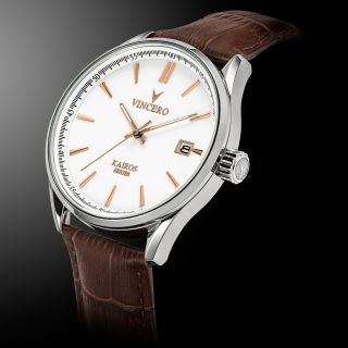 Vincero Watch Luxury Kairos White Dial With Brown Leather Band Mens 42mm