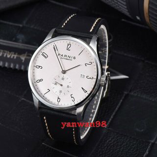 41mm Parnis White Dial Silver Hand Seagull 1731 Automatic Date Movement Watch