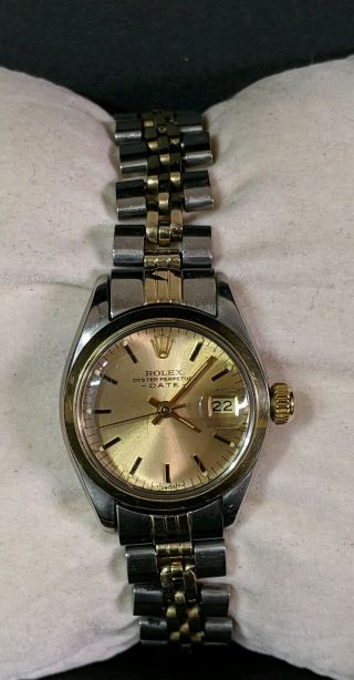 Ladies Rolex 6916 Oyster Perpetual Date 2 Tone 14k Yellow Gold Stainless Watch