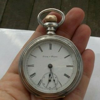 Rare Vintage Antique Large 2.  25 " Sun Dial Wind Up Pocket Watch Coin Silver Look
