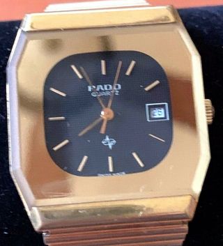 Rado Quartz Date Watch Black Dial Gold Tone Band Unisex Battery