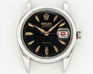 Vintage 1958 Rolex Stainless Steel 6494 Oysterdate Precision W/ Black Gilt Dial