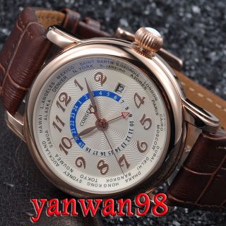 43mm Corgeut Gmt Watch Rose Gold Plated Case White Dial Date Automatic Watch