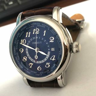 43mm Corgeut Blue Dial Automatic Mens Watch GMT Date Silver Hand movement 2
