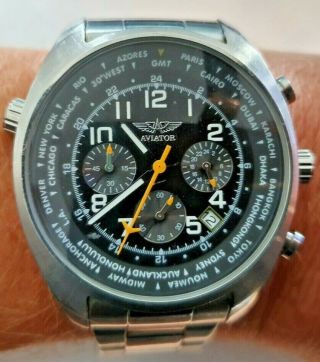 Aviator Mens Watch Chronograph Stainless Steel Black Face Airline Worn Few Times