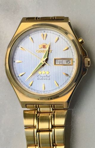 Vintage Orient Day Date Automatic 3 Star Gold Tone 21 Jewels Mens Wrist Watch