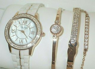 Anne Klein 12/2298rgst Ceramic Rose Gold Tone Crystal Watch & 3 - Bracelet Set