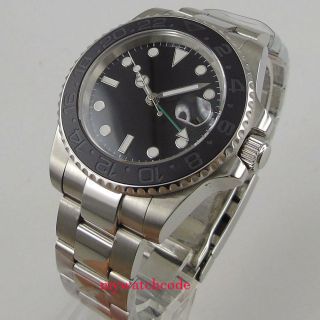 40mm Parnis Black Sterile Dial Sapphire Glass Gmt Date Automatic Mens Watch 1008