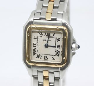 Auth Cartier Panthere 1120 18k Gold & Steel Ivory Roman Dial Quartz Ladies Watch