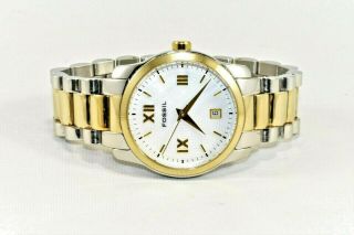 Fossil 2 Tone Gold Ss Unisex Watch On Mop Dial Date 3 Atm W/r Battery
