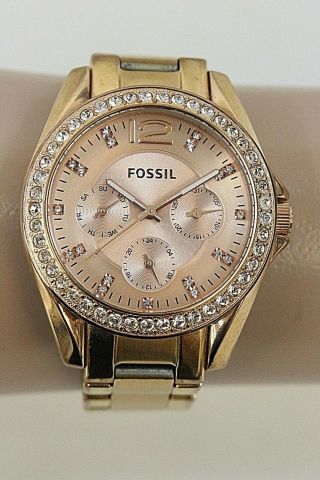 Fossil Es - 2811 All Stainless Steel Rose Gold Tone Bling Dial Women 
