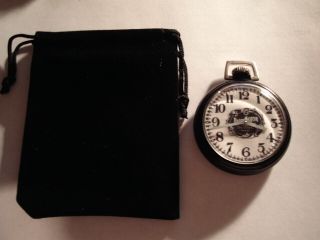 Vintage 16s Pocket Watch Ford Auto Theme Dial In Black Case Runs Well.