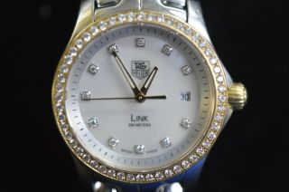 Ladies Tag Heuer Wjf1354 Link 18k Gold & Diamond Bezel Mop Dial Wristwatch