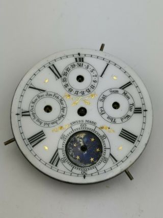 Antique Swiss Moonphase Triple Date Pocket Watch Movement For Spares