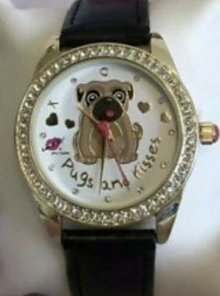 Betsey Johnson " Pugs And Kisses " Crystal Bezel Black Leather Band Watch Nwt
